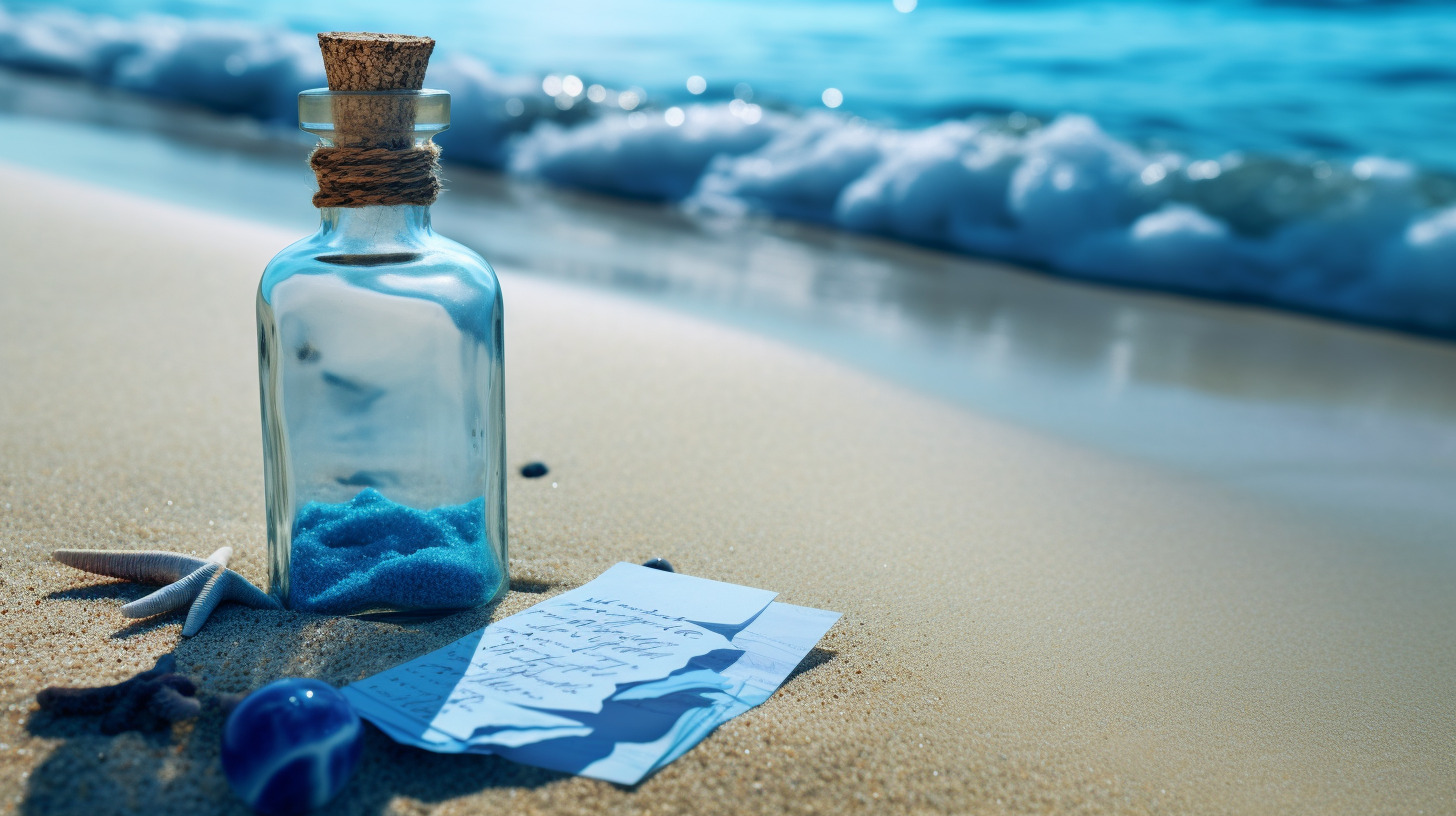 White Paper Letter in a bottle at the waters edge. Blue sea 884d4a0a bc5b 4d1a bf14 ea58822398f4 - 【Utopia ABC】リニューアルプレゼントにあたってのご挨拶。
